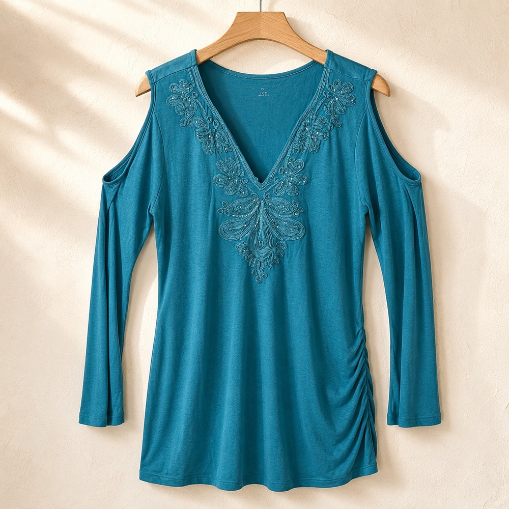 Soft Surroundings Turquois  MYTHOS Cold Shoulder Ruched Tunic Top Size XS